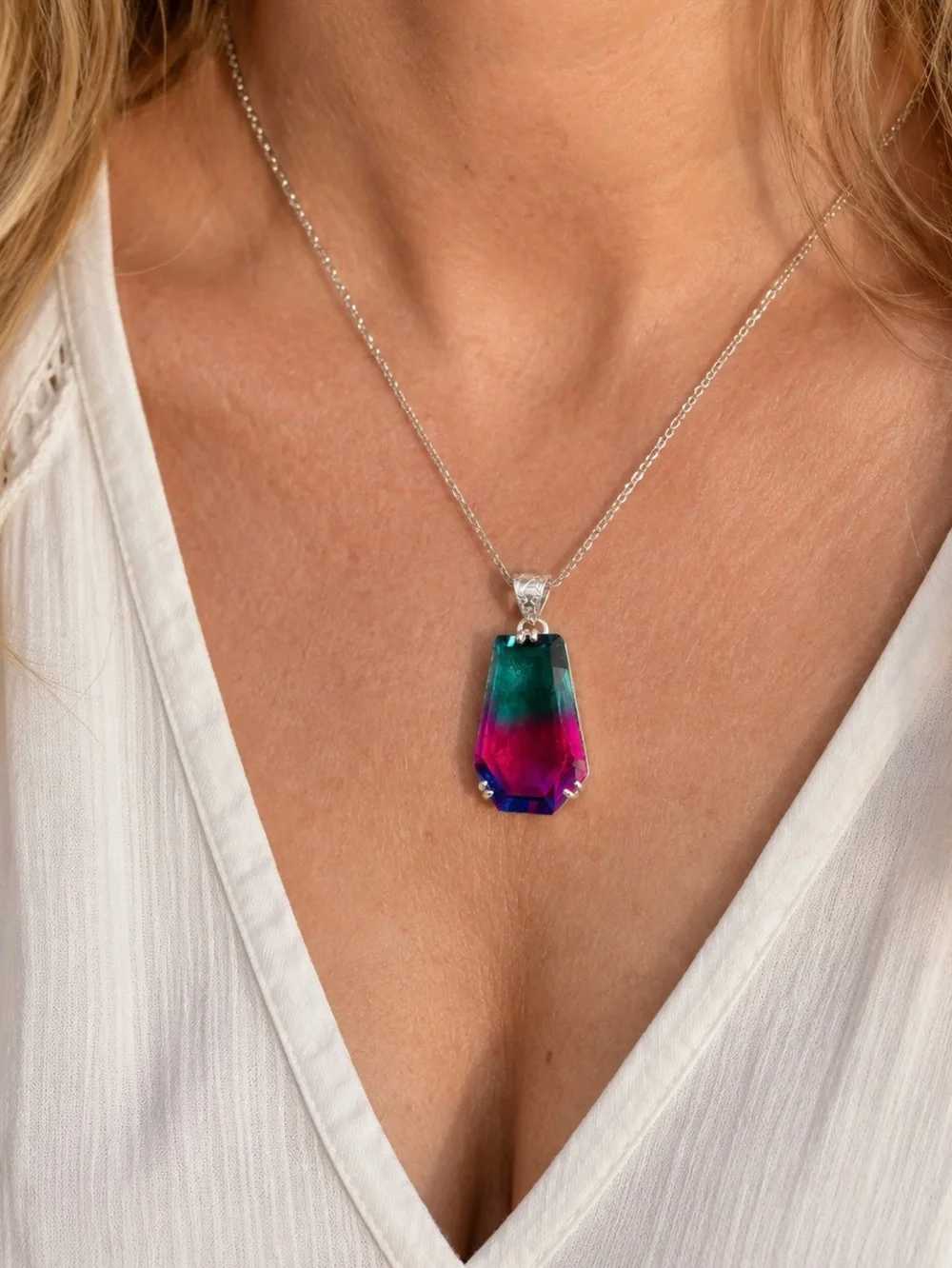 Bi-Color Tourmaline Gemstone 925 Silver 2” Pendant